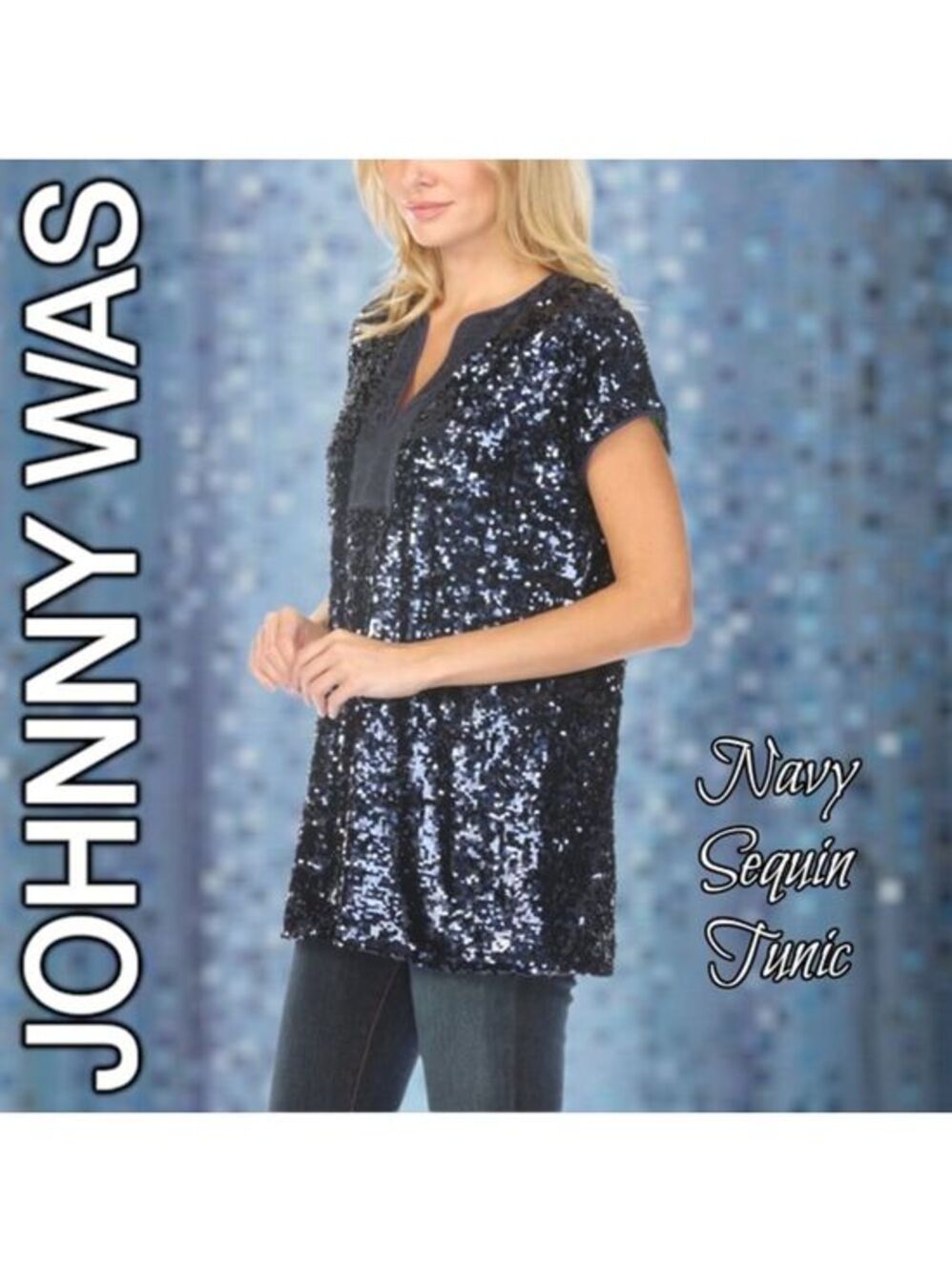 JOHNNY WAS Rena NAVY V-Neck Fully Lined Sequined Short Sleeve Tunic Top NWT/SM